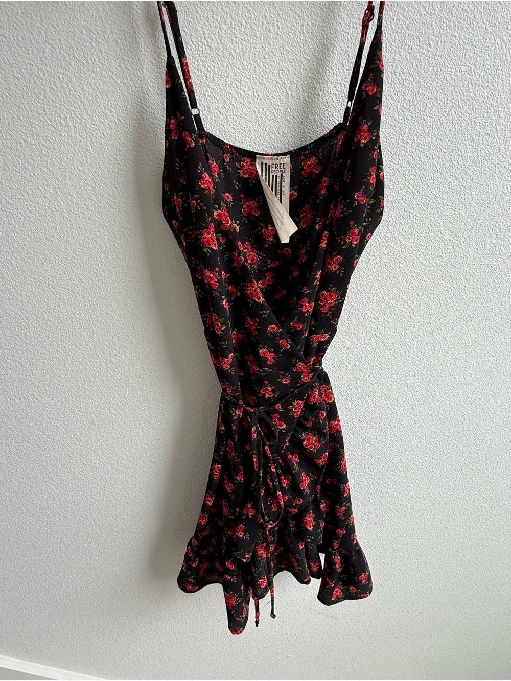 Free People Black Slip Dress with Red Rose Print